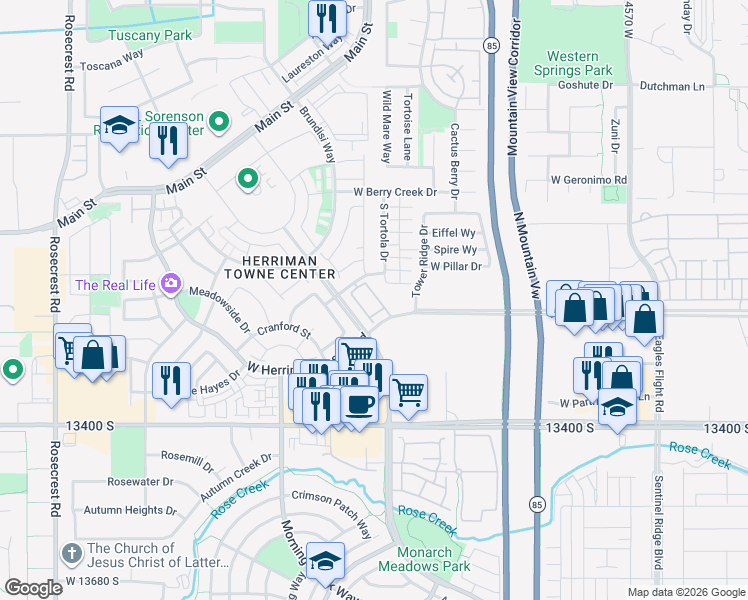 map of restaurants, bars, coffee shops, grocery stores, and more near 13228 Dominica Lane in Herriman