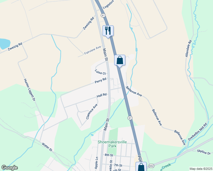 map of restaurants, bars, coffee shops, grocery stores, and more near 1176 Main St in Shoemakersville