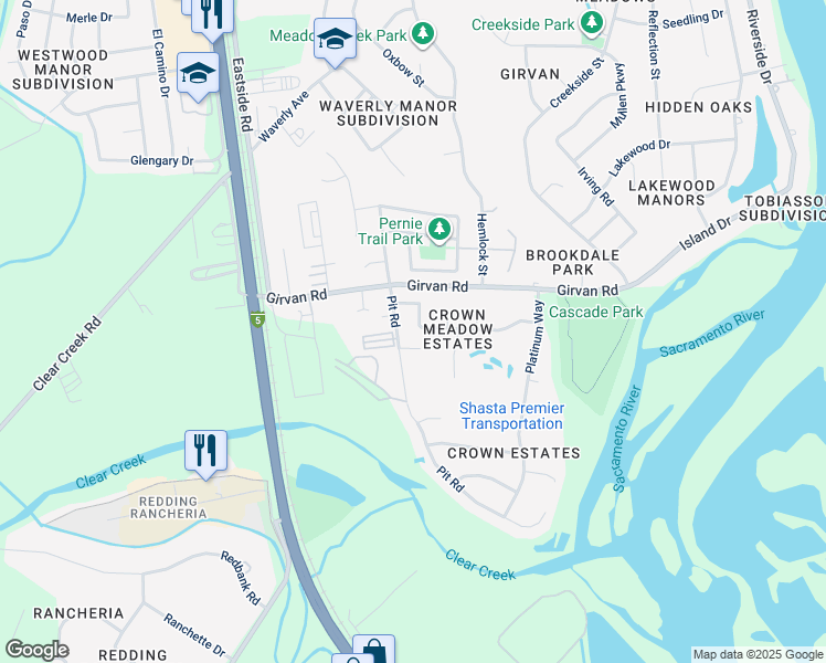 map of restaurants, bars, coffee shops, grocery stores, and more near 7186 Daybreak Court in Redding