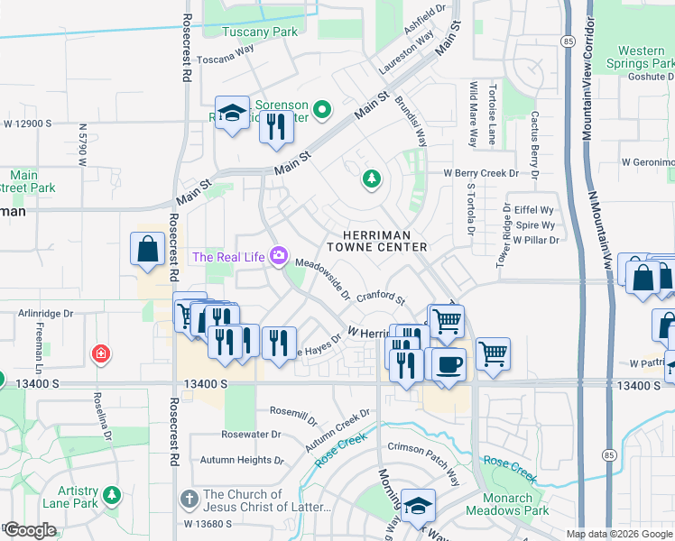 map of restaurants, bars, coffee shops, grocery stores, and more near 5287 Weatherford Lane in Herriman