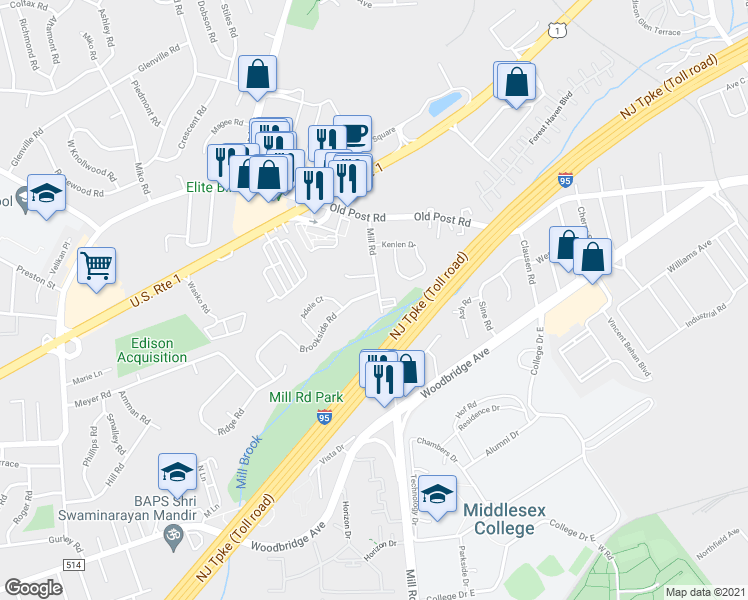 map of restaurants, bars, coffee shops, grocery stores, and more near 7 Brookside Road in Edison