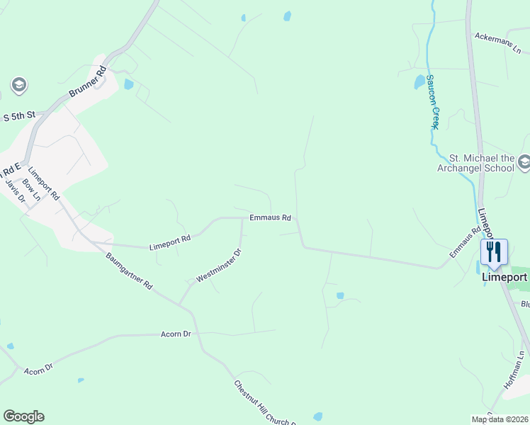 map of restaurants, bars, coffee shops, grocery stores, and more near 5580 Emmaus Road in Emmaus