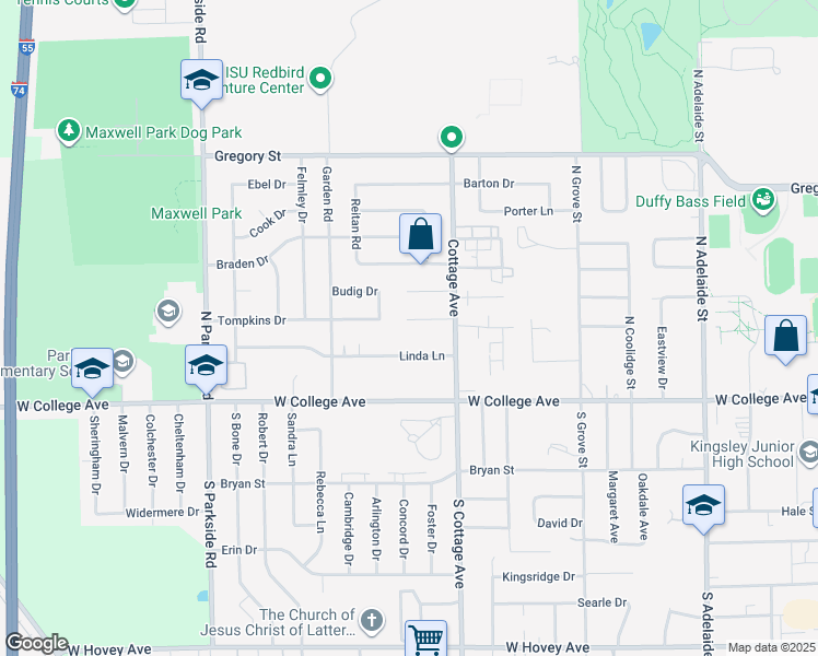 map of restaurants, bars, coffee shops, grocery stores, and more near 1611 Sanderson Court in Normal