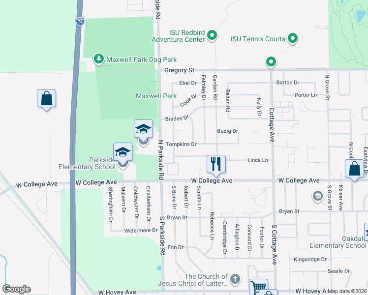 map of restaurants, bars, coffee shops, grocery stores, and more near 1717 Tompkins Drive in Normal