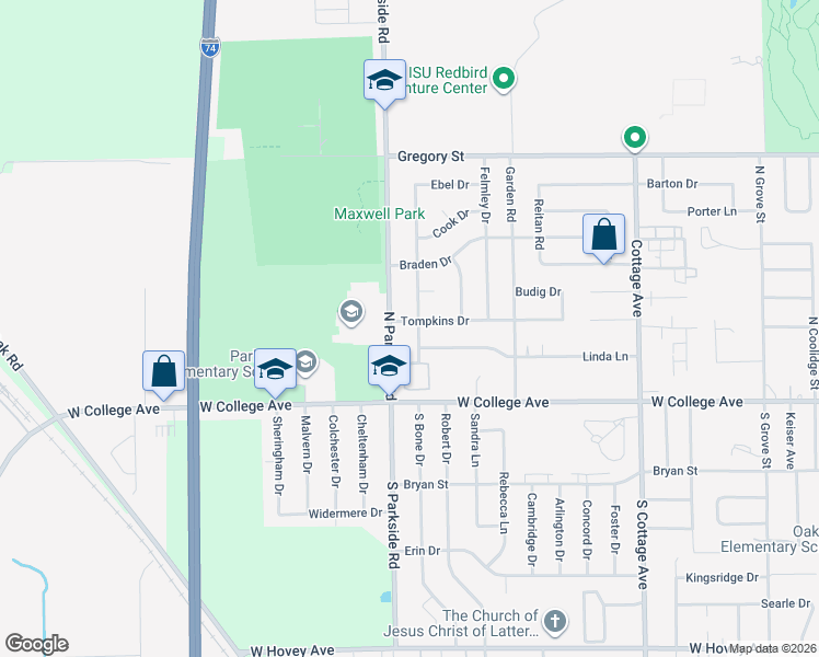 map of restaurants, bars, coffee shops, grocery stores, and more near 116 N Parkside Rd in Normal