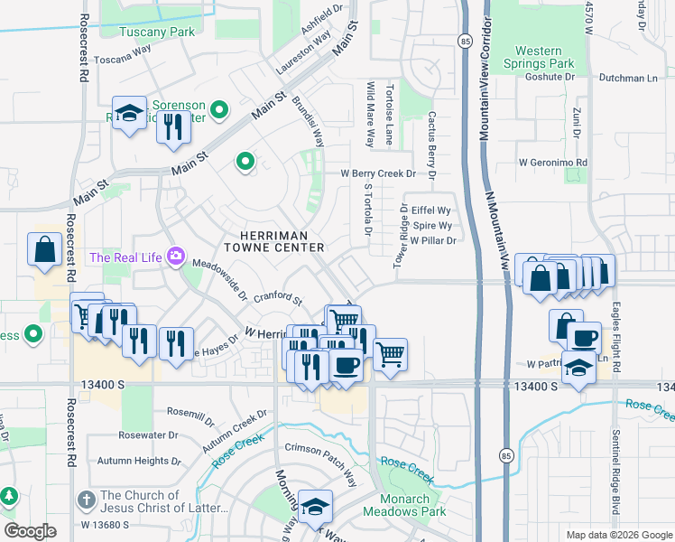 map of restaurants, bars, coffee shops, grocery stores, and more near 13274 Fort Herriman Parkway in Herriman