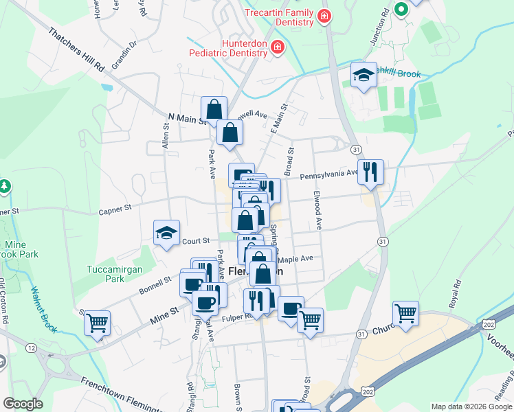 map of restaurants, bars, coffee shops, grocery stores, and more near 20 Main Street in Flemington