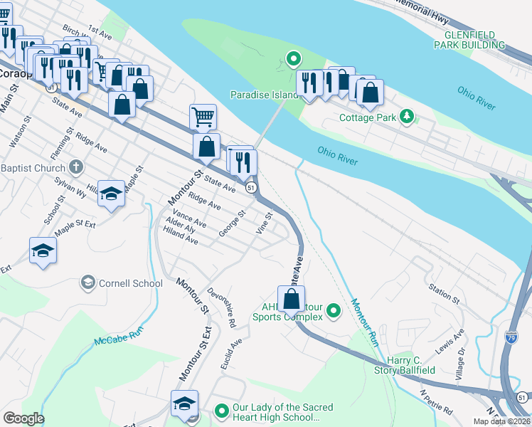 map of restaurants, bars, coffee shops, grocery stores, and more near 1708 Orchard Way in Coraopolis