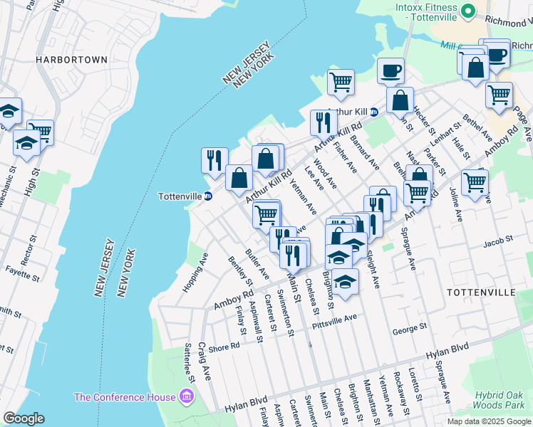 map of restaurants, bars, coffee shops, grocery stores, and more near 130 Tyrrell Street in Staten Island