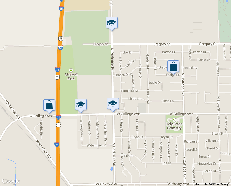 map of restaurants, bars, coffee shops, grocery stores, and more near 116 North Parkside Road in Normal