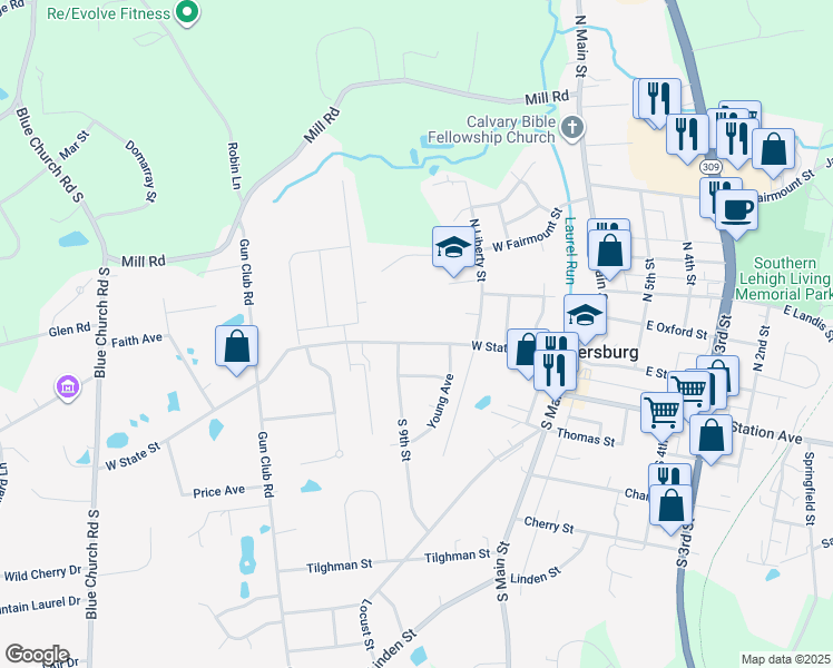 map of restaurants, bars, coffee shops, grocery stores, and more near 935 West State Street in Coopersburg
