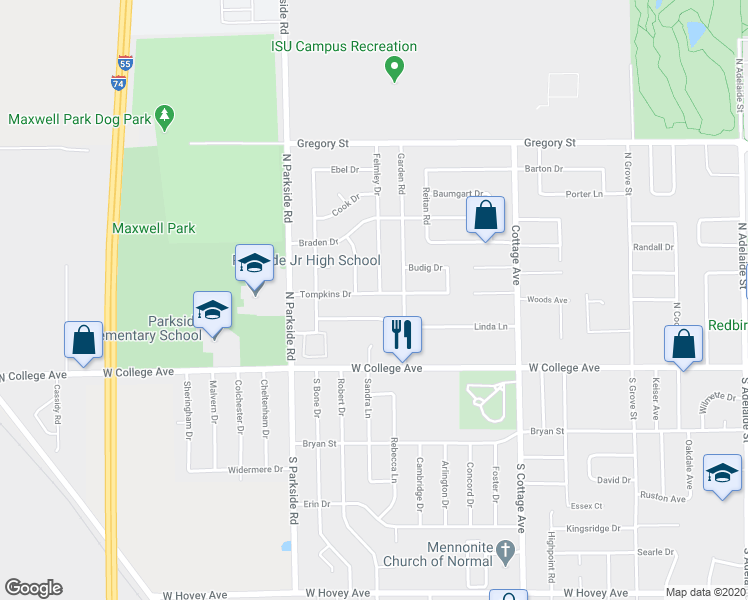 map of restaurants, bars, coffee shops, grocery stores, and more near 1707 Tompkins Drive in Normal