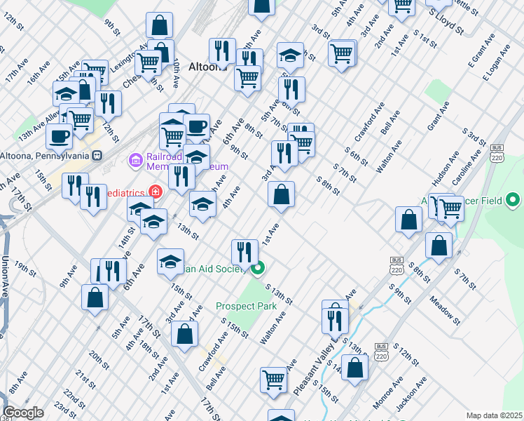 map of restaurants, bars, coffee shops, grocery stores, and more near 1010 2nd Avenue in Altoona