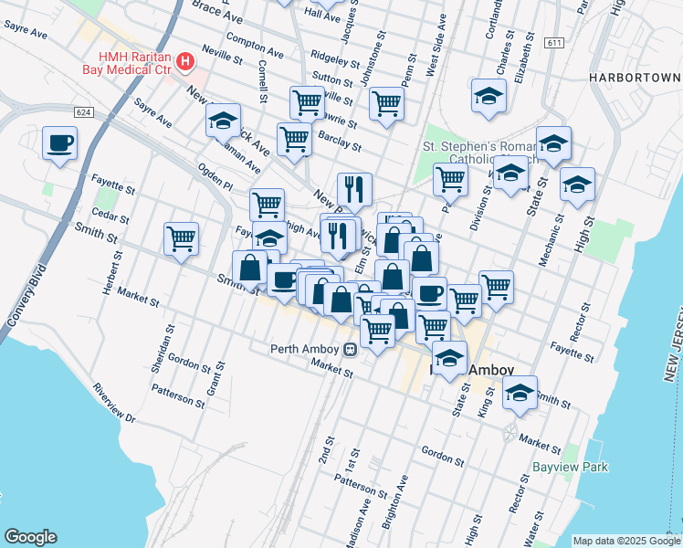 map of restaurants, bars, coffee shops, grocery stores, and more near 344 Oak Street in Perth Amboy