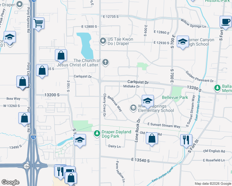 map of restaurants, bars, coffee shops, grocery stores, and more near 13202 Sunset Glen Way in Draper