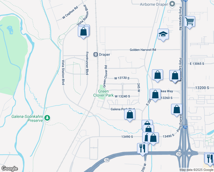 map of restaurants, bars, coffee shops, grocery stores, and more near 13173 Green Clover Road in Draper