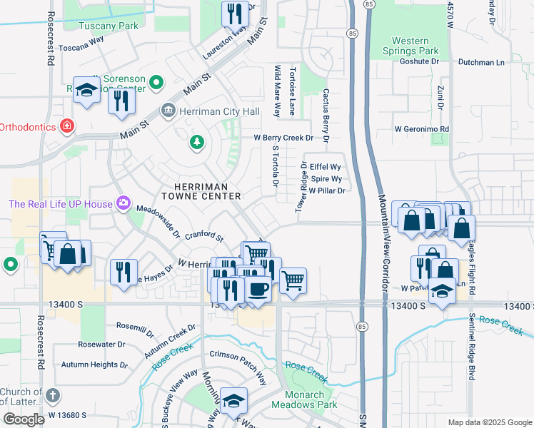 map of restaurants, bars, coffee shops, grocery stores, and more near 13228 Dominica Lane in Herriman