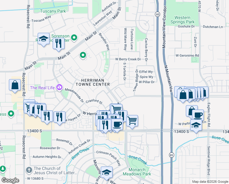map of restaurants, bars, coffee shops, grocery stores, and more near 13274 Fort Herriman Parkway in Herriman