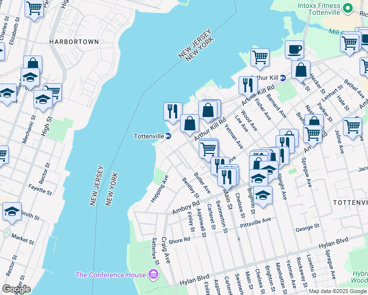 map of restaurants, bars, coffee shops, grocery stores, and more near 108 Main Street in Staten Island