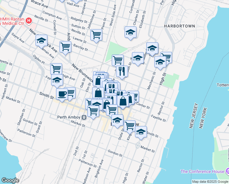 map of restaurants, bars, coffee shops, grocery stores, and more near 375 New Street in Perth Amboy