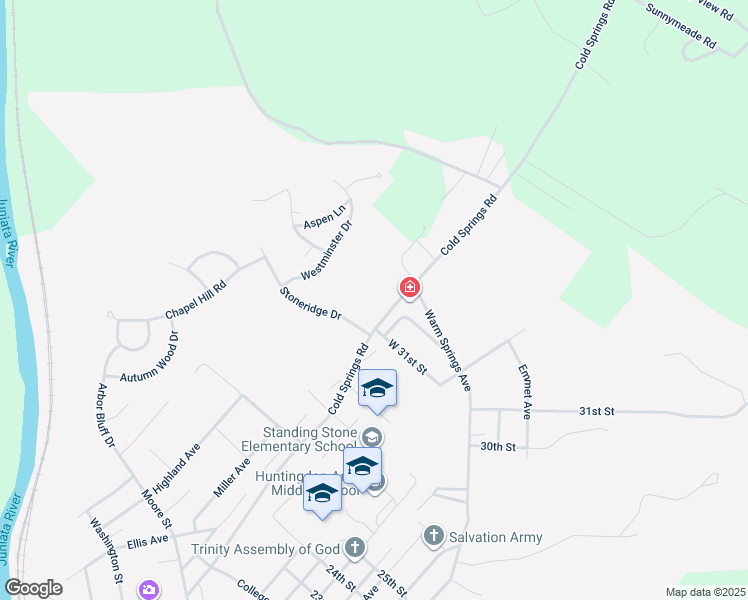 map of restaurants, bars, coffee shops, grocery stores, and more near 3101 Cold Springs Road in Huntingdon