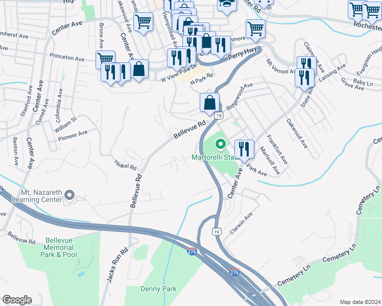 map of restaurants, bars, coffee shops, grocery stores, and more near 104 Rosecrest Drive in Pittsburgh