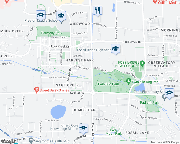 map of restaurants, bars, coffee shops, grocery stores, and more near 3057 County Fair Lane in Fort Collins