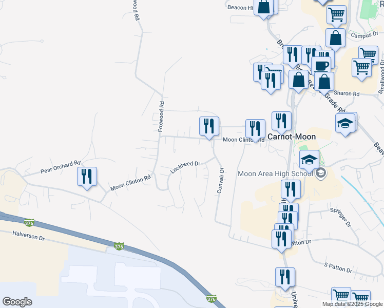 map of restaurants, bars, coffee shops, grocery stores, and more near 283 Moon Clinton Road in Carnot-Moon