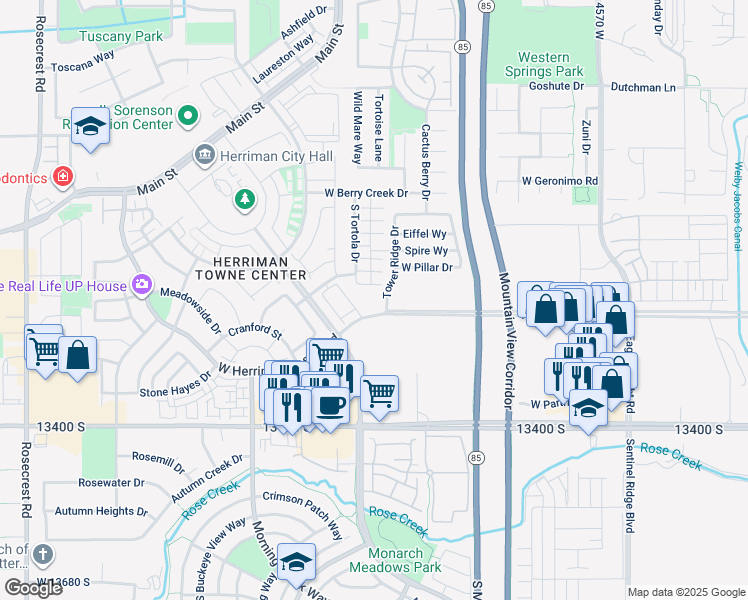 map of restaurants, bars, coffee shops, grocery stores, and more near 13164 Tower Ridge Drive in Riverton