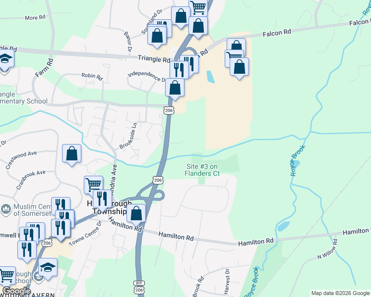 map of restaurants, bars, coffee shops, grocery stores, and more near 351 Doctors Way in Hillsborough Township