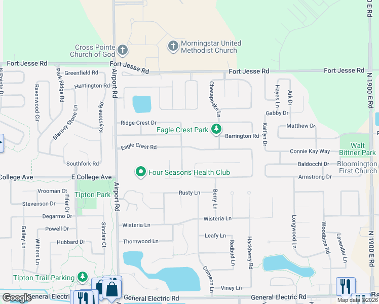 map of restaurants, bars, coffee shops, grocery stores, and more near 2409 Interlocken Drive in Bloomington