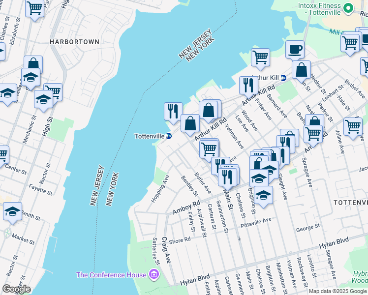 map of restaurants, bars, coffee shops, grocery stores, and more near 108 Main Street in Staten Island