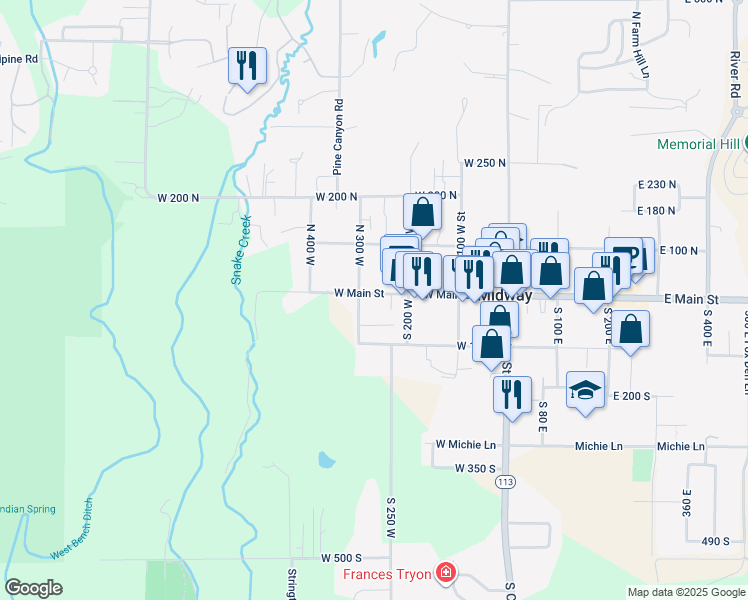 map of restaurants, bars, coffee shops, grocery stores, and more near 271 West Main Street in Midway