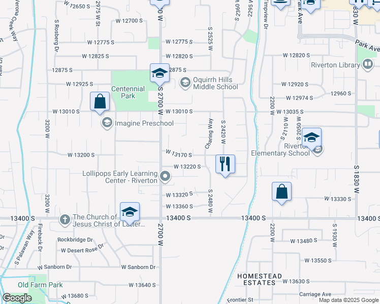 map of restaurants, bars, coffee shops, grocery stores, and more near 13158 South 2560 West in Riverton