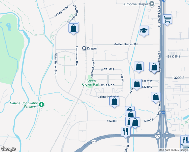 map of restaurants, bars, coffee shops, grocery stores, and more near 13173 Green Clover Road in Draper