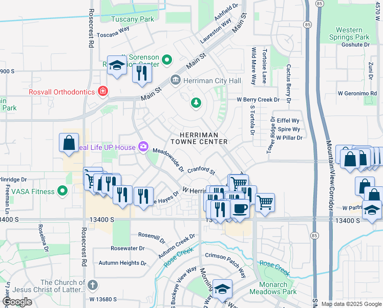 map of restaurants, bars, coffee shops, grocery stores, and more near 13227 Weatherford Lane in Herriman