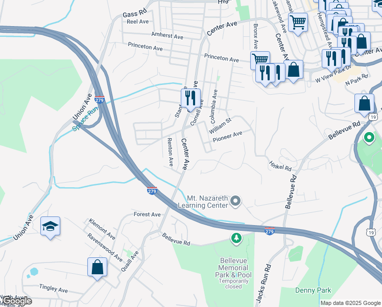 map of restaurants, bars, coffee shops, grocery stores, and more near 1719 Center Avenue in Pittsburgh