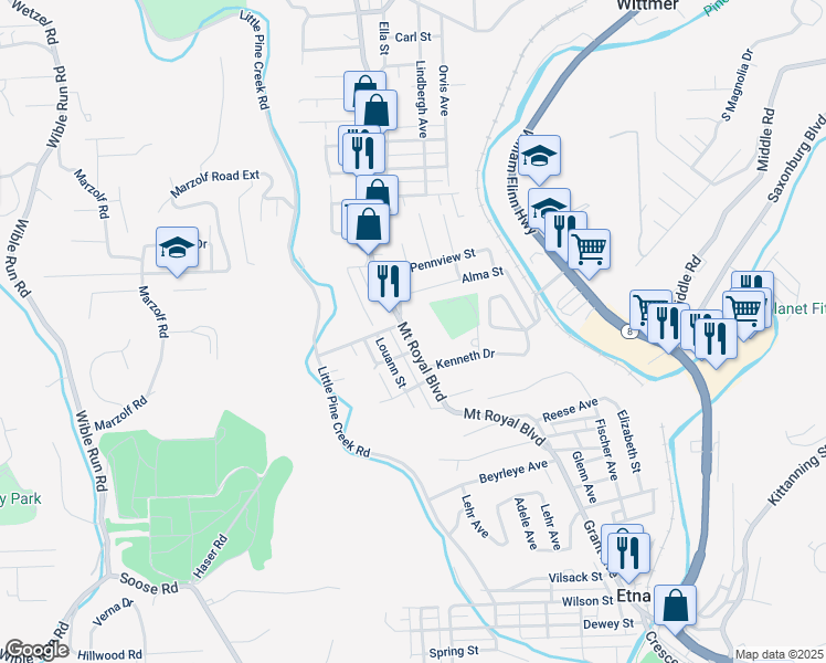 map of restaurants, bars, coffee shops, grocery stores, and more near 514 Mount Royal Boulevard in Pittsburgh