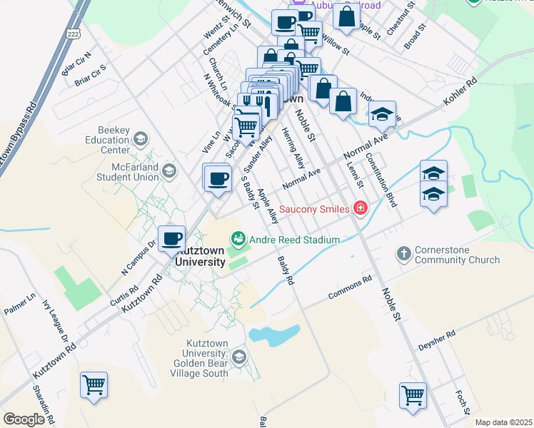 map of restaurants, bars, coffee shops, grocery stores, and more near 234 South Baldy Street in Kutztown