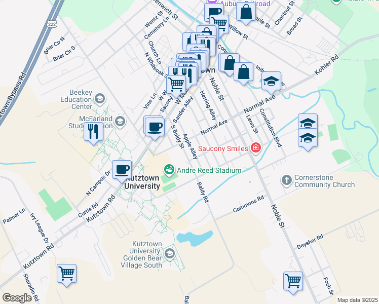map of restaurants, bars, coffee shops, grocery stores, and more near 234 South Baldy Street in Kutztown