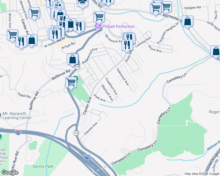 map of restaurants, bars, coffee shops, grocery stores, and more near 95 Frankfort Avenue in Pittsburgh