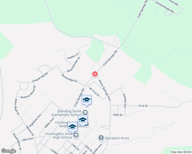 map of restaurants, bars, coffee shops, grocery stores, and more near 3195 Cold Springs Road in Huntingdon