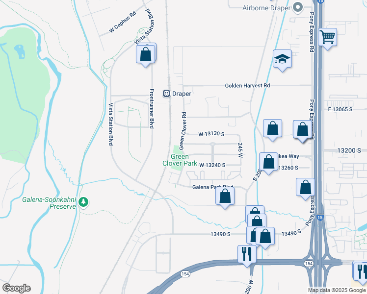map of restaurants, bars, coffee shops, grocery stores, and more near 13173 Green Clover Road in Draper