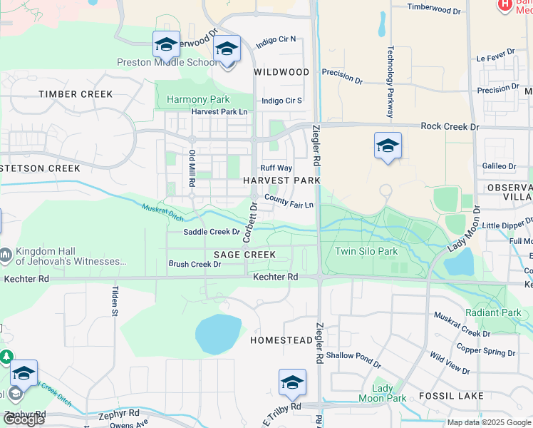 map of restaurants, bars, coffee shops, grocery stores, and more near 2915 Spacious Skies Drive in Fort Collins