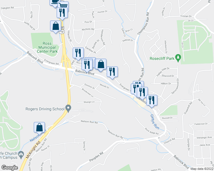 map of restaurants, bars, coffee shops, grocery stores, and more near 115 Morelli Drive in Pittsburgh