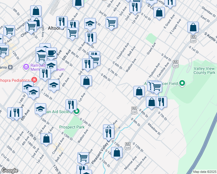 map of restaurants, bars, coffee shops, grocery stores, and more near 819 Bell Avenue in Altoona