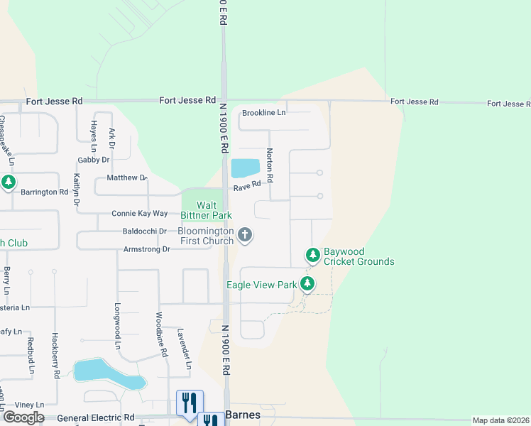 map of restaurants, bars, coffee shops, grocery stores, and more near 2205 Revere Road in Bloomington