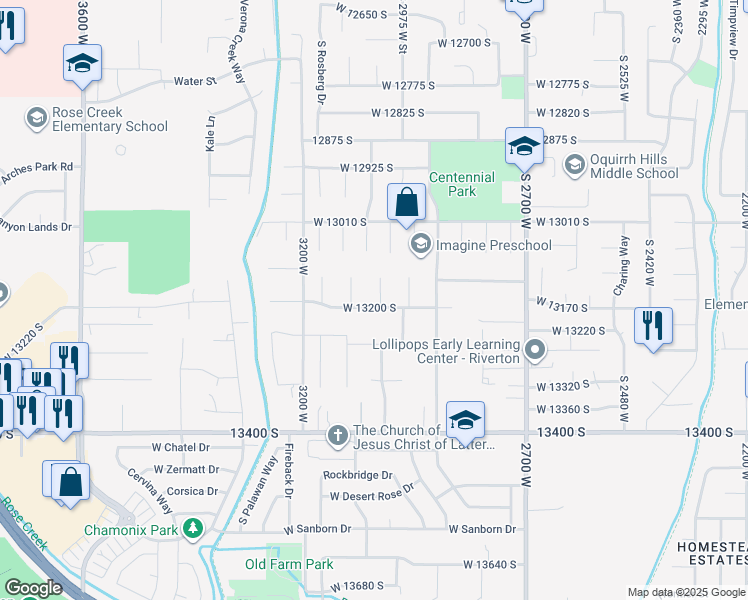 map of restaurants, bars, coffee shops, grocery stores, and more near 13190 South 3040 West in Riverton