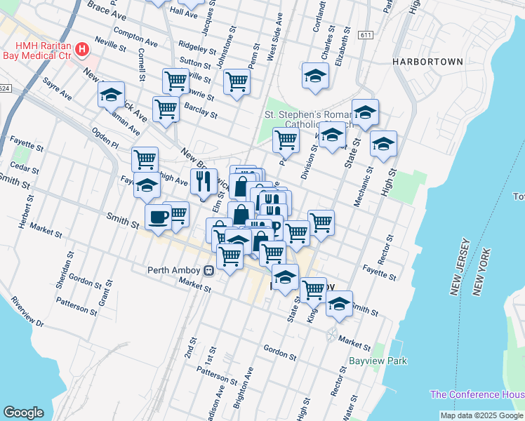 map of restaurants, bars, coffee shops, grocery stores, and more near 219 New Brunswick Avenue in Perth Amboy
