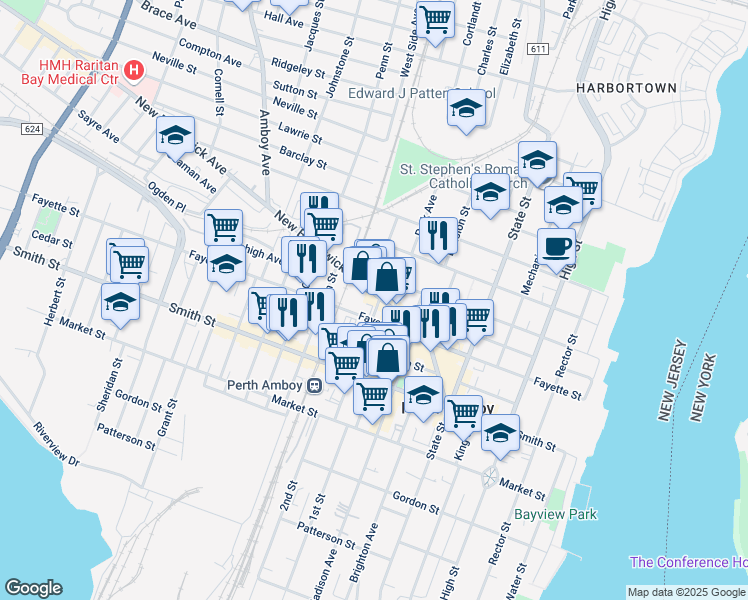 map of restaurants, bars, coffee shops, grocery stores, and more near 219 New Brunswick Avenue in Perth Amboy